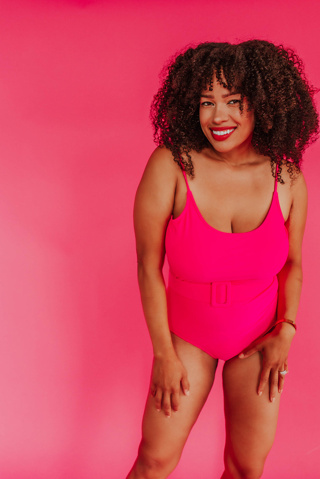 MONROE BELTED ONE PIECE IN NEON PINK BY BETSY MIKESELL X PINK DESERT