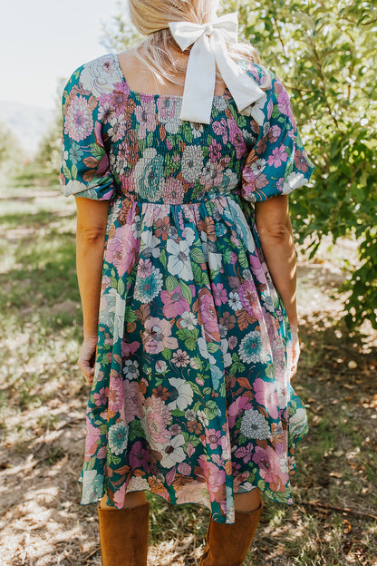 THE LUNA SWEETHEART DRESS IN TEAL FLORAL BY PINK DESERT