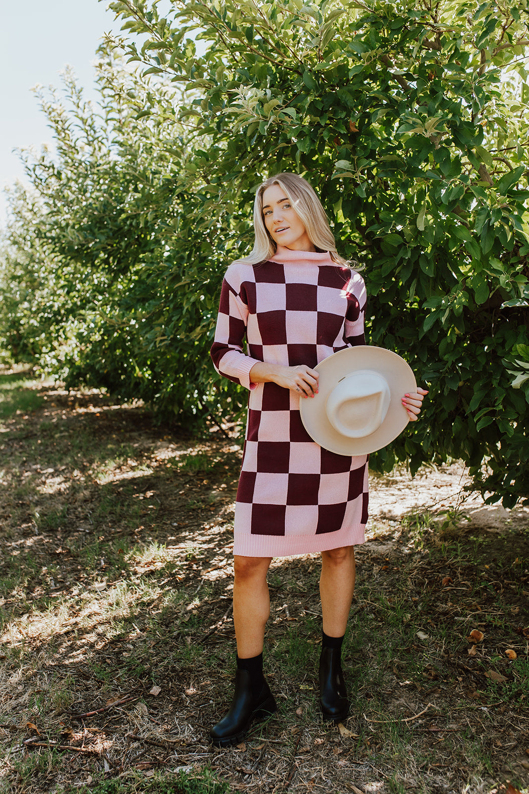 THE CHUNKY TURTLENECK DRESS IN MAUVE CHECKER BY PINK DESERT Pink