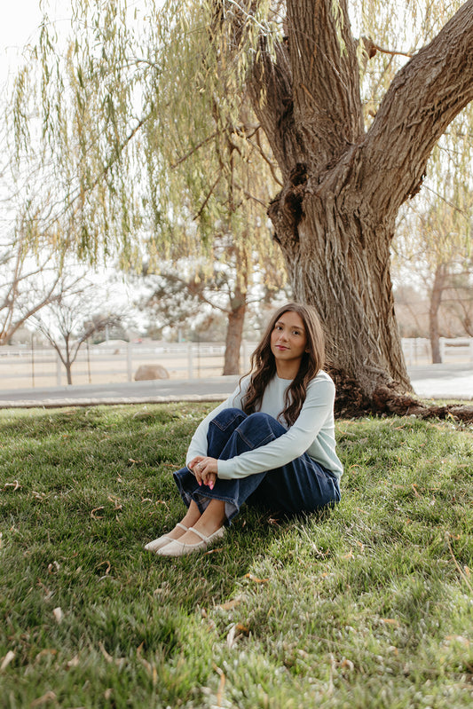 THE ROSALIE SOFT KNIT PULLOVER IN LIGHT BLUE