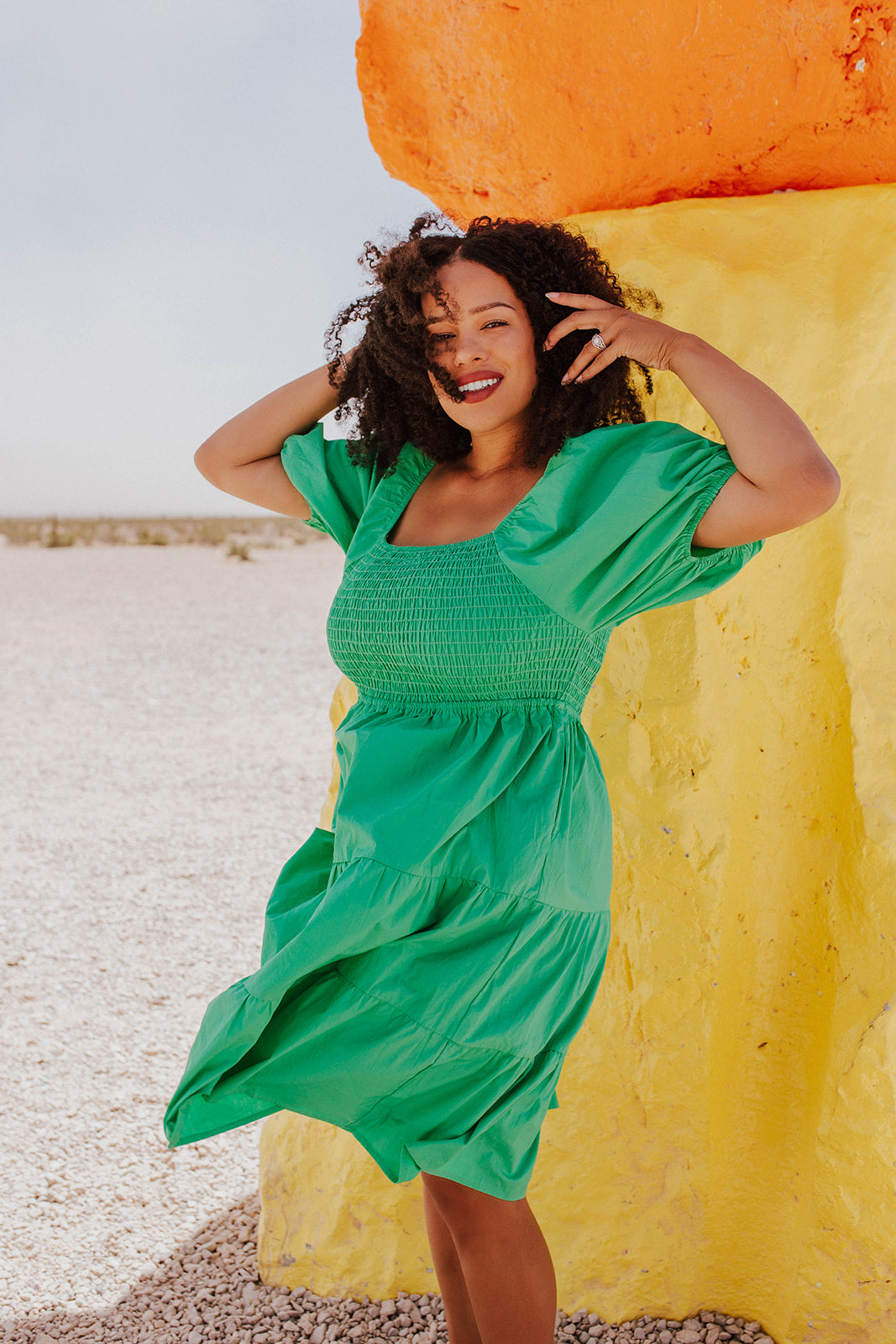 THE ALYSSA SMOCKED DRESS IN KELLY GREEN BY ALYSSA JOHNSON X PINK DESERT