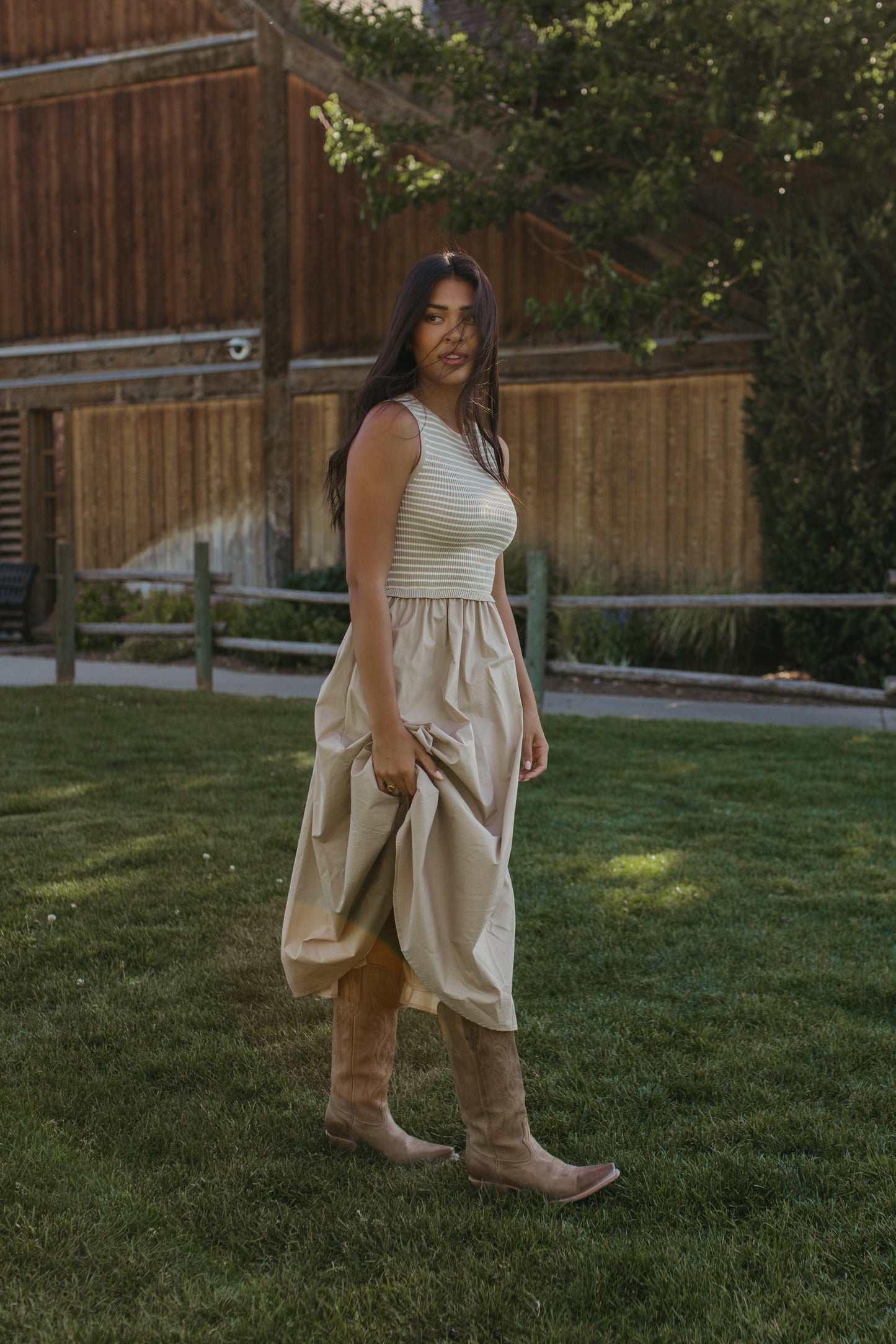 THE LENORA TAN STRIPED DRESS