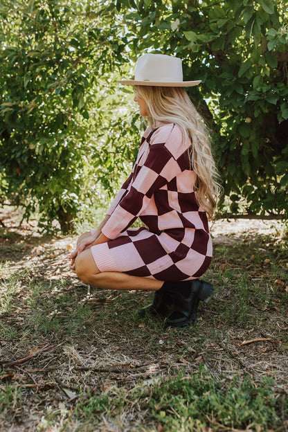 THE CHUNKY TURTLENECK DRESS IN MAUVE CHECKER BY PINK DESERT