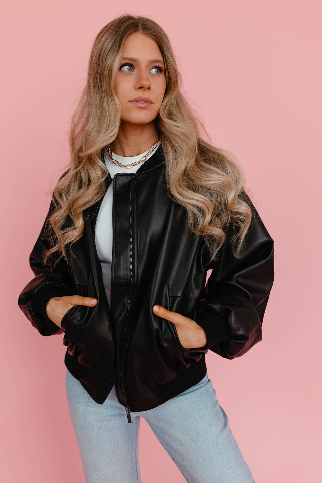 THE NIKKI LEATHER BOMBER JACKET IN BLACK Pink Desert
