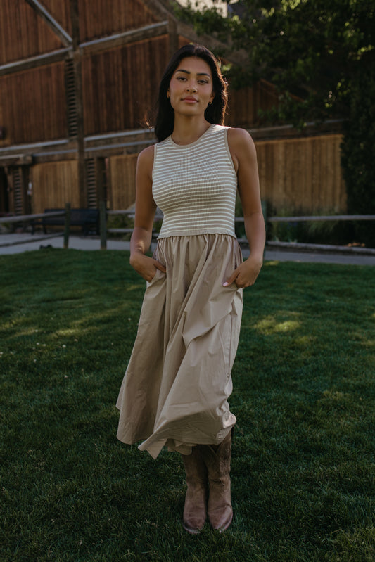 THE LENORA TAN STRIPED DRESS