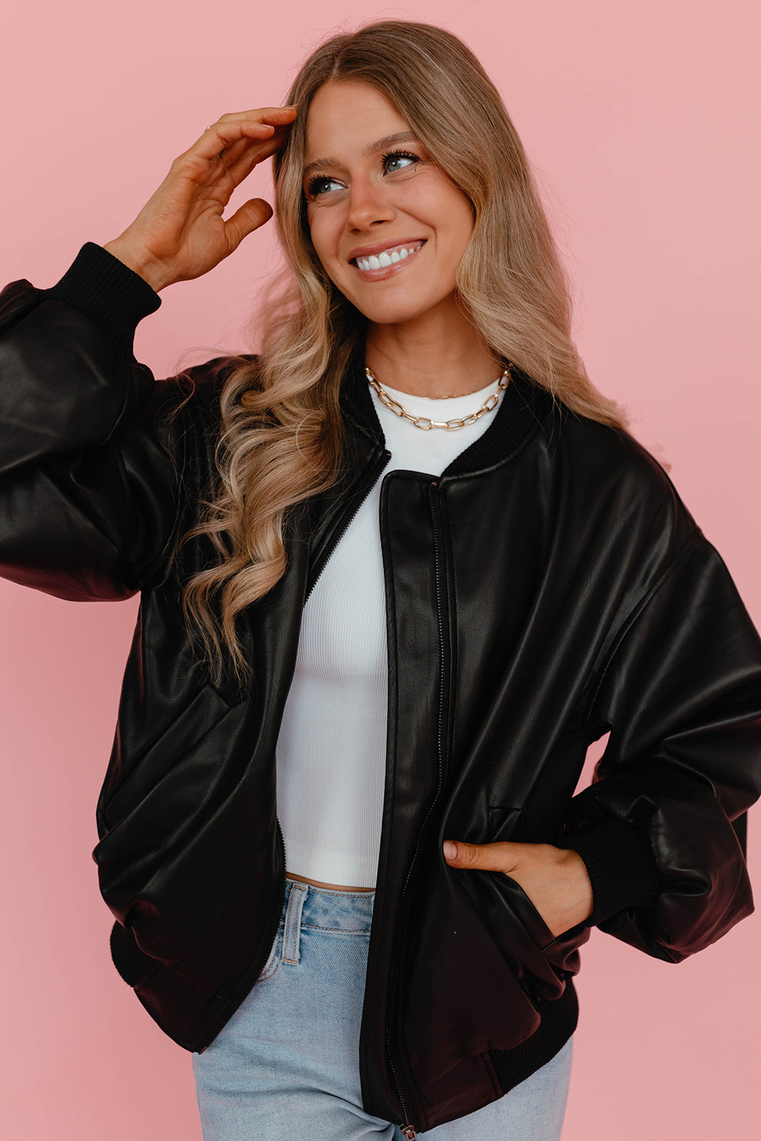 THE NIKKI LEATHER BOMBER JACKET IN BLACK