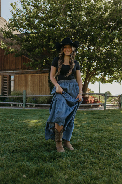 THE SOL DENIM TIERED MAXI SKIRT
