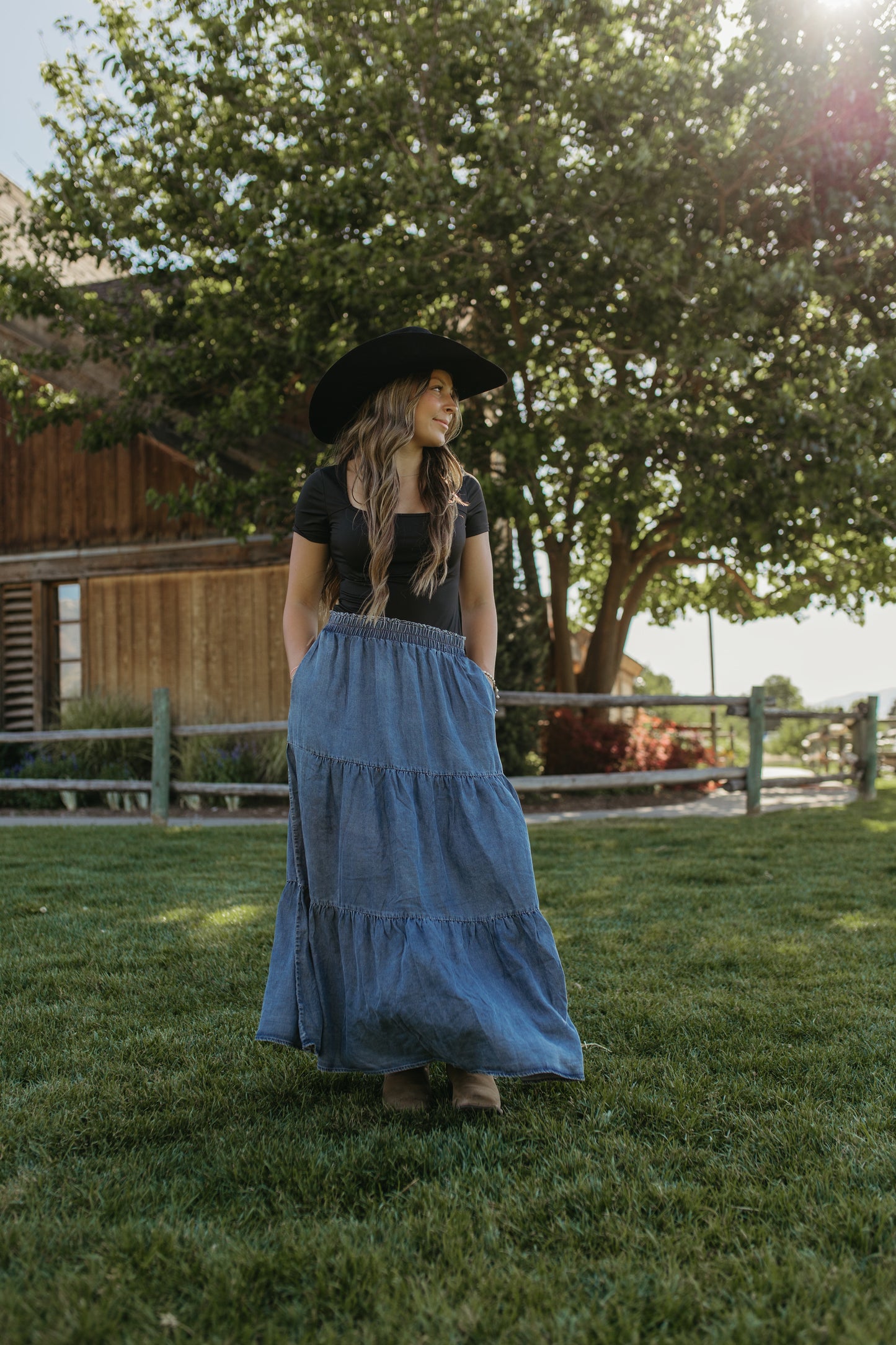 THE SOL DENIM TIERED MAXI SKIRT