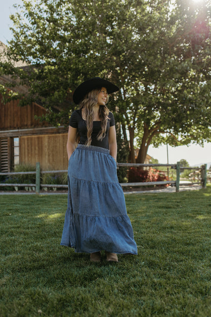 THE SOL DENIM TIERED MAXI SKIRT