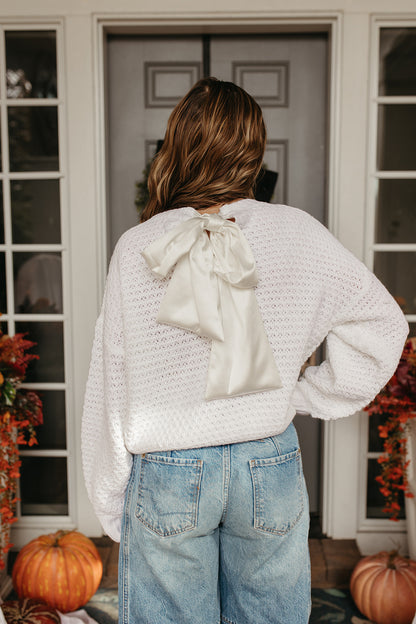 THE FERNANDA SATIN RIBBON SWEATER IN WHITE