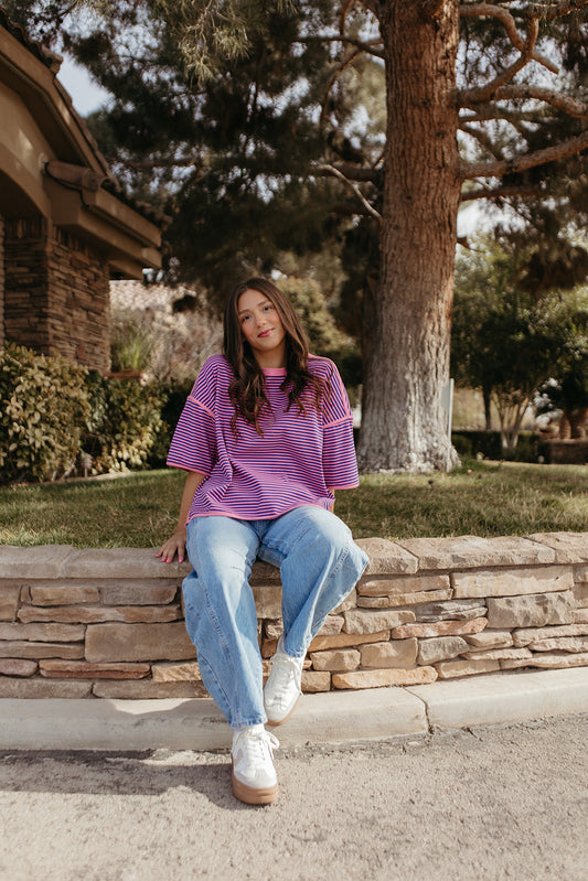 THE ALICIA STRIPED OVERSIZED KNIT TOP IN PINK
