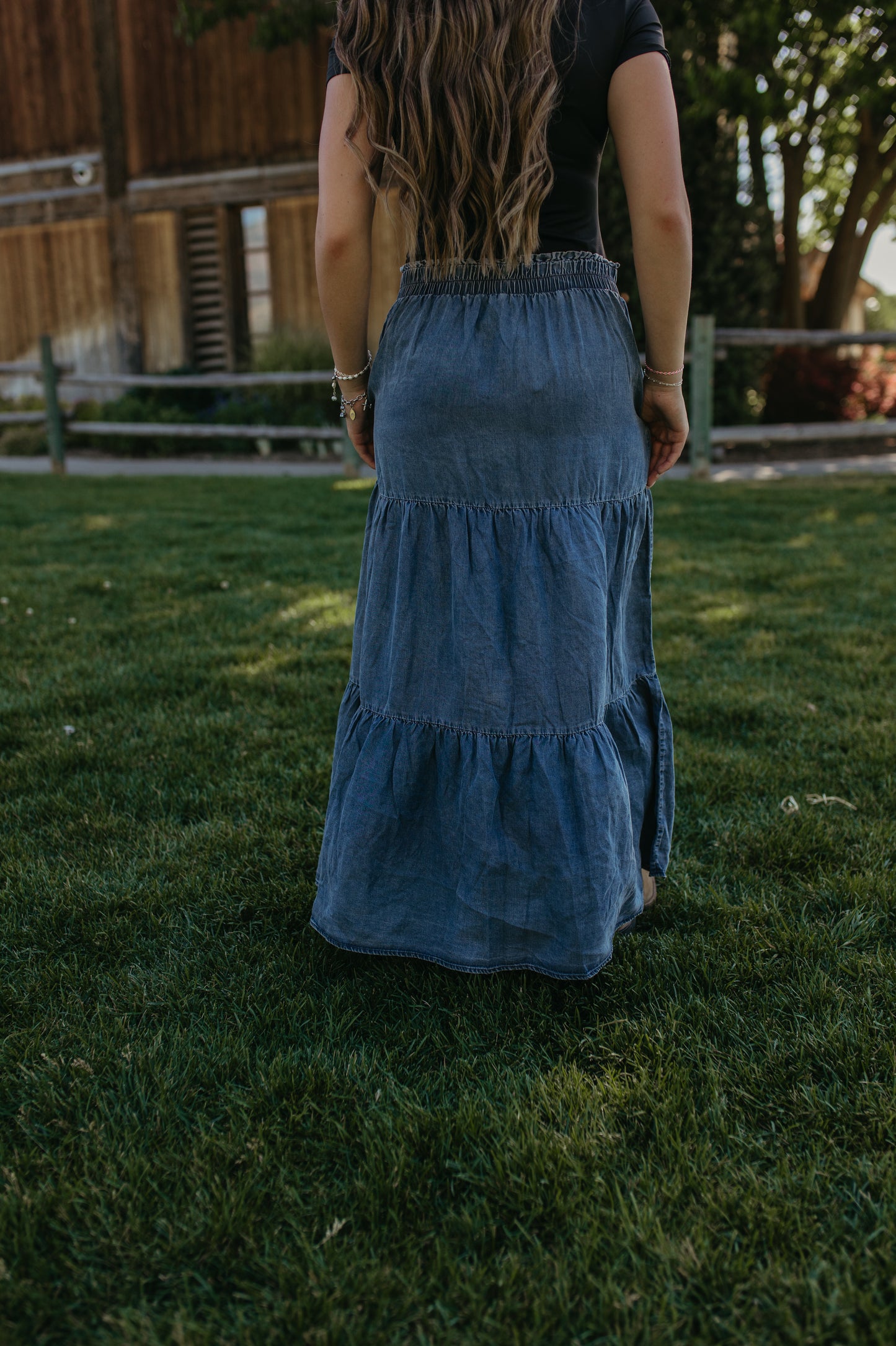 THE SOL DENIM TIERED MAXI SKIRT