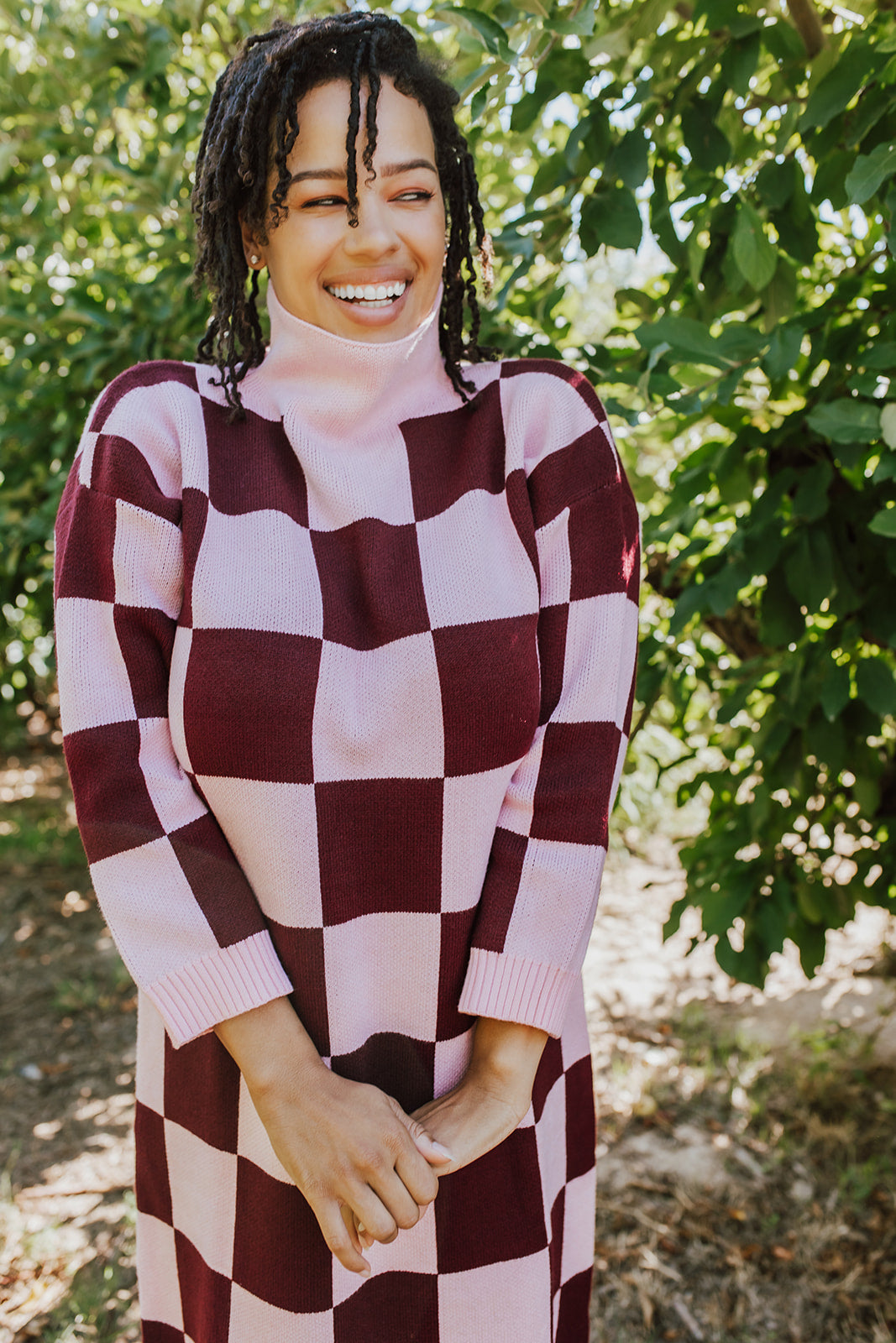 THE CHUNKY TURTLENECK DRESS IN MAUVE CHECKER BY PINK DESERT
