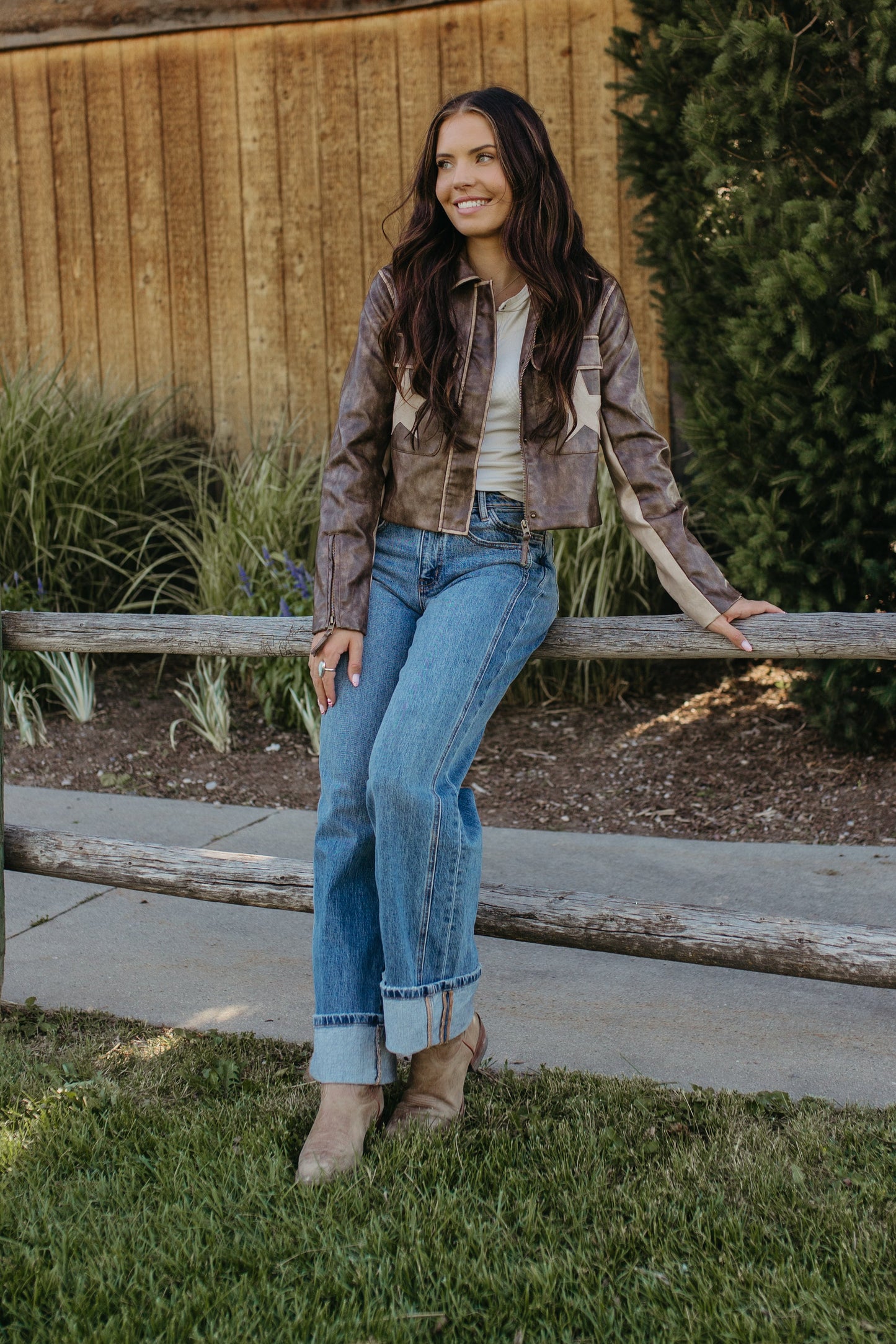 THE NADIA LEATHER BROWN STAR JACKET