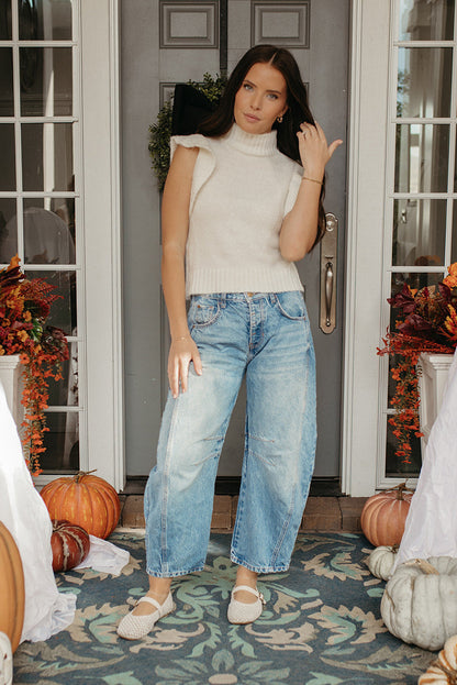 THE DAKOTA MOCK NECK RUFFLE SWEATER IN WHITE