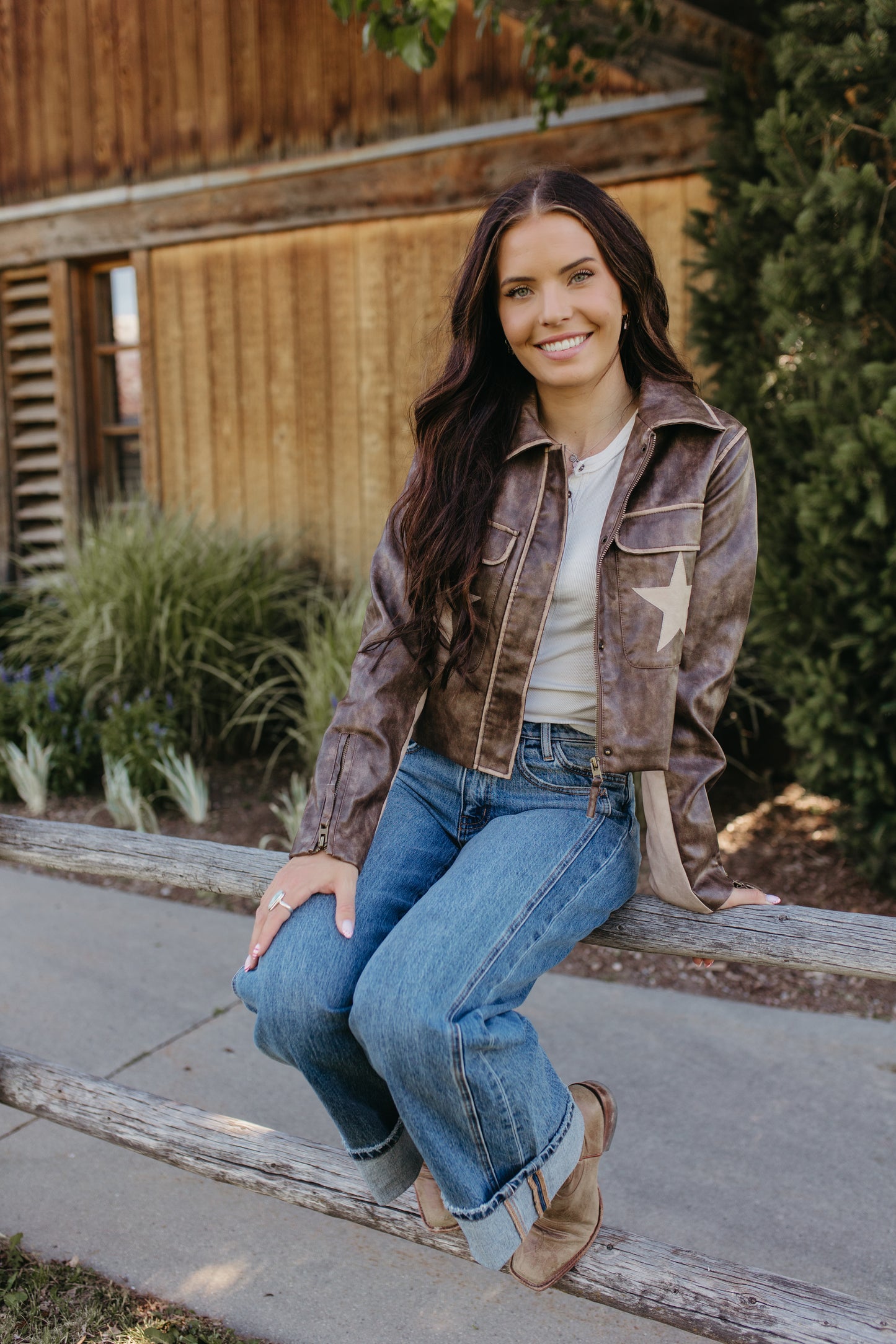 THE NADIA LEATHER BROWN STAR JACKET