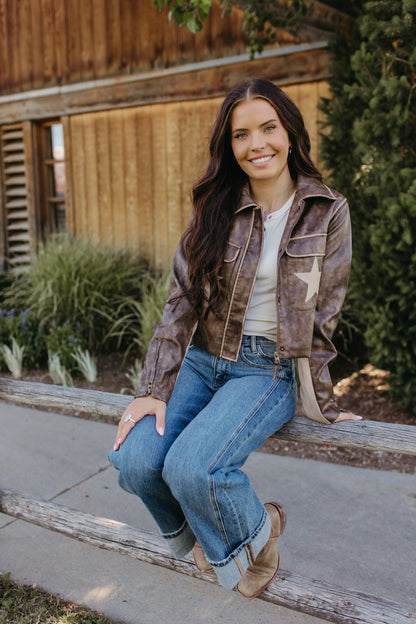 THE NADIA LEATHER BROWN STAR JACKET