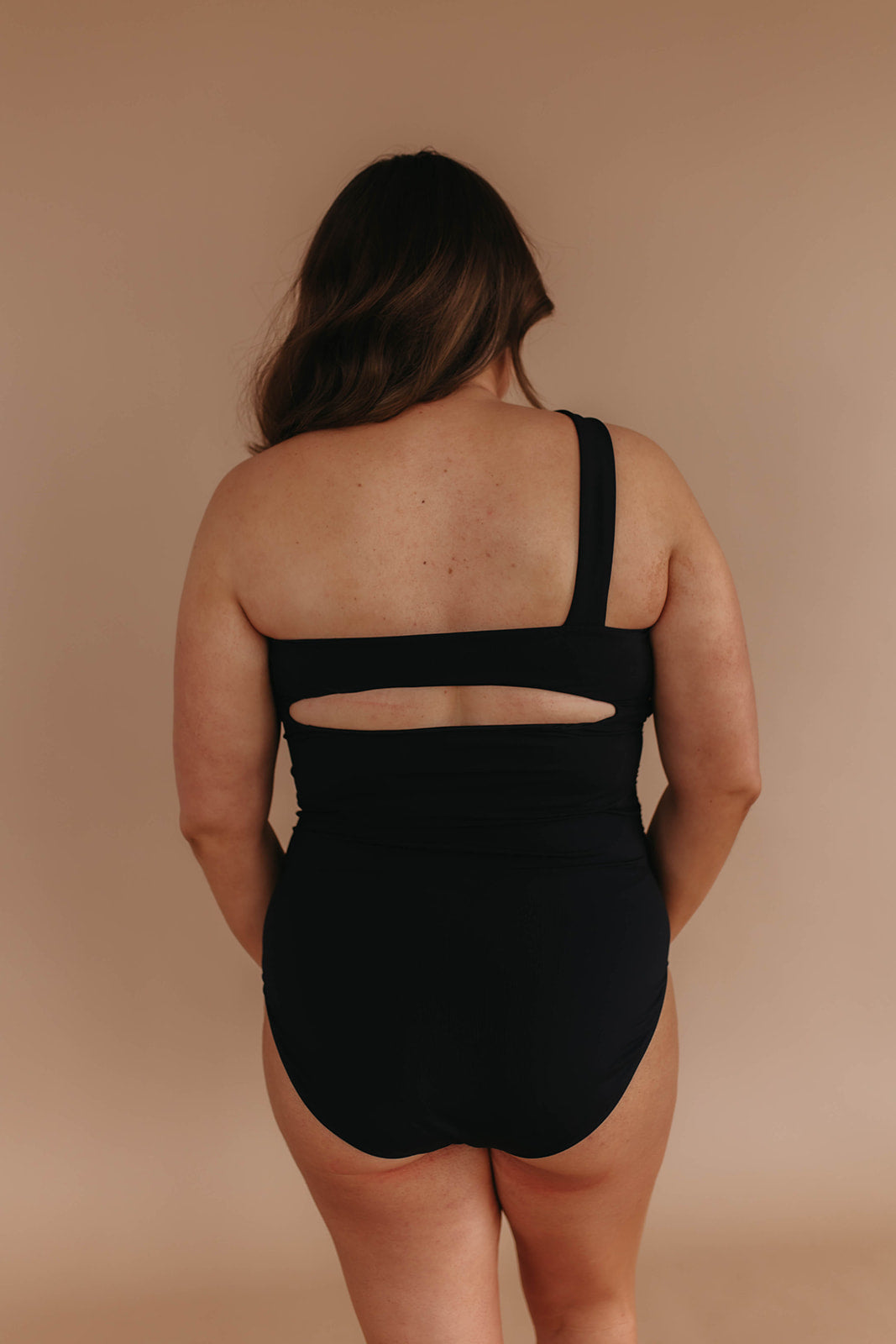 ASYMMETRICAL STRAP ONE PIECE IN BLACK LUXE RIB BY PINK DESERT