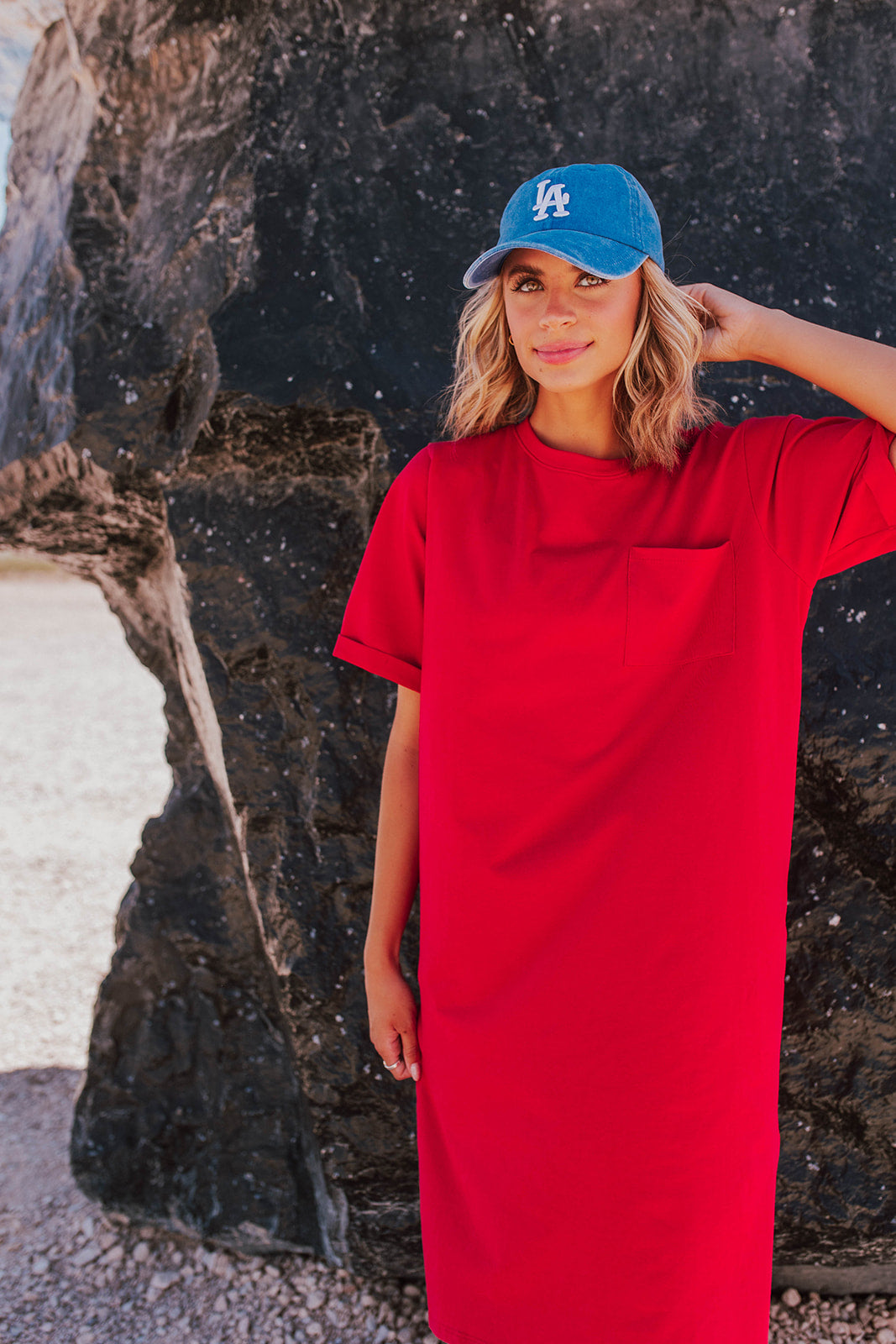 THE EASY DOES IT T-SHIRT DRESS BY PINK DESERT IN RED