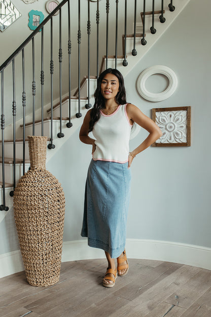 THE CORDELIA RIBBED TANK IN IVORY/PINK TRIM