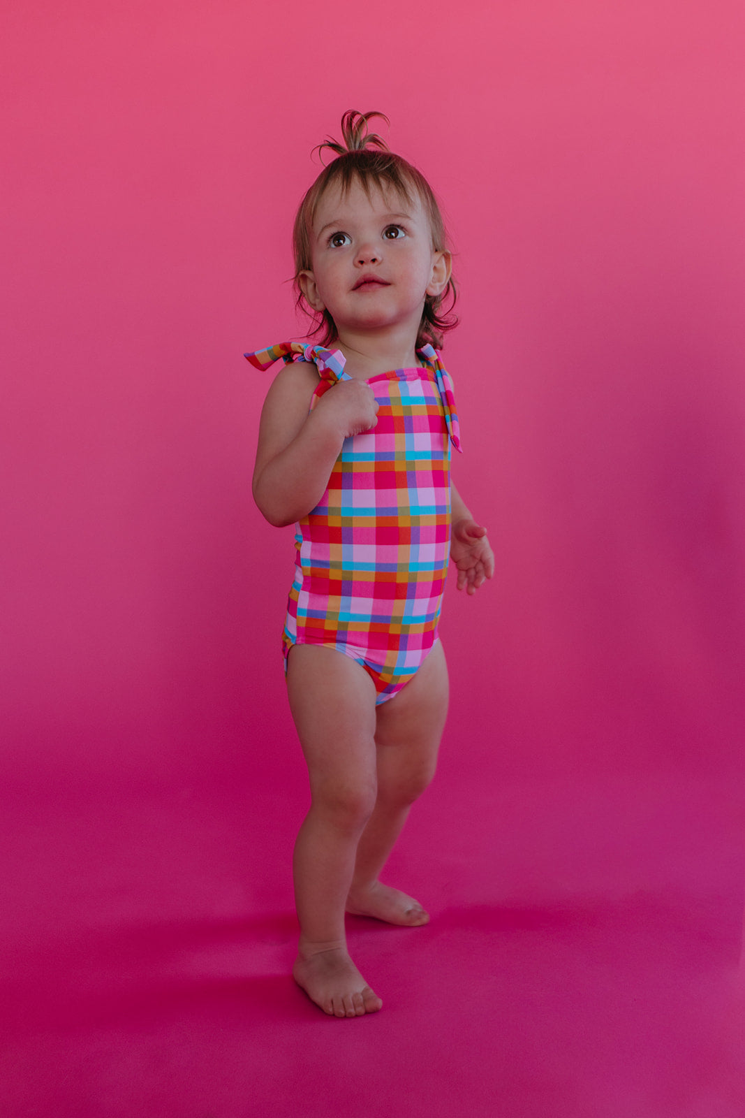 GIRLS TIE STRAP ONE PIECE IN PALM SPRINGS PLAID BY PINK DESERT