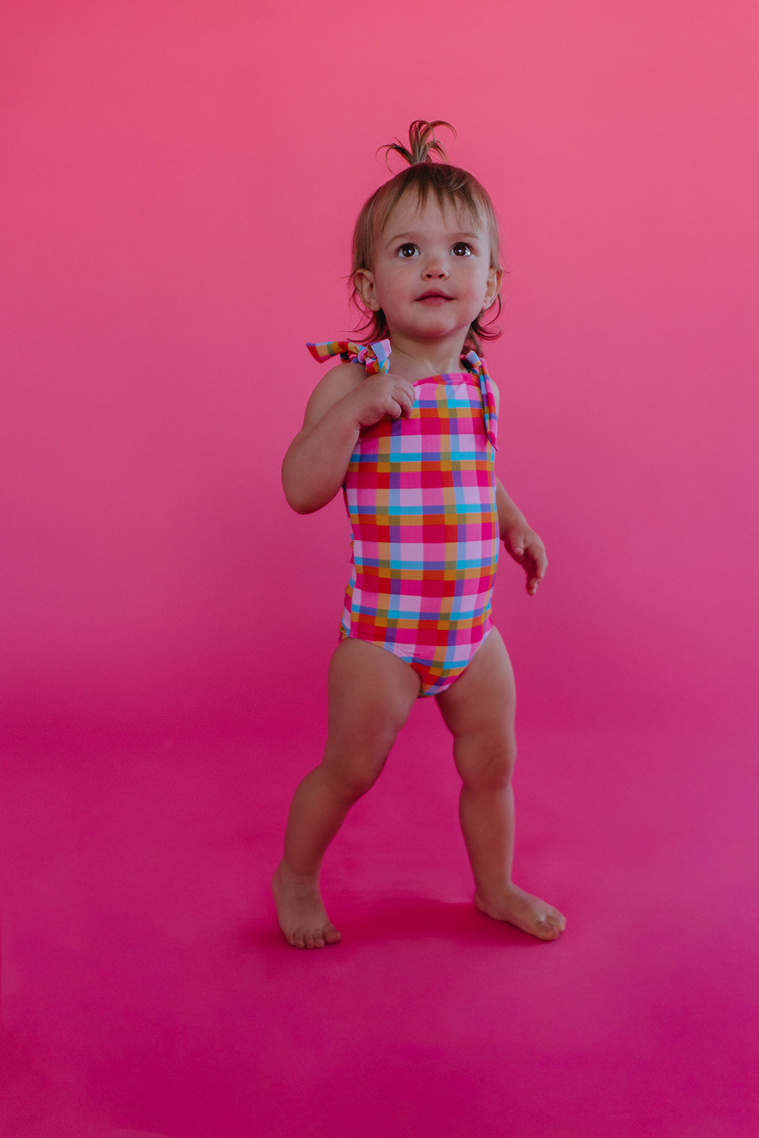 GIRLS TIE STRAP ONE PIECE IN PALM SPRINGS PLAID BY PINK DESERT
