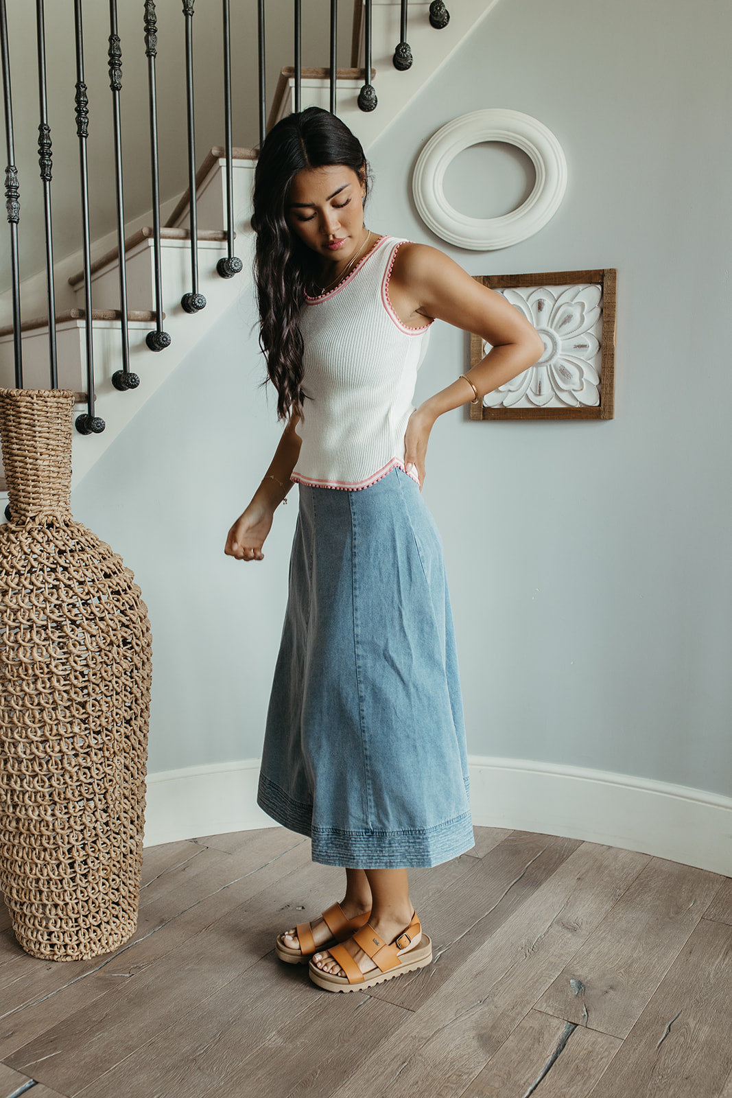 THE CORDELIA RIBBED TANK IN IVORY/PINK TRIM