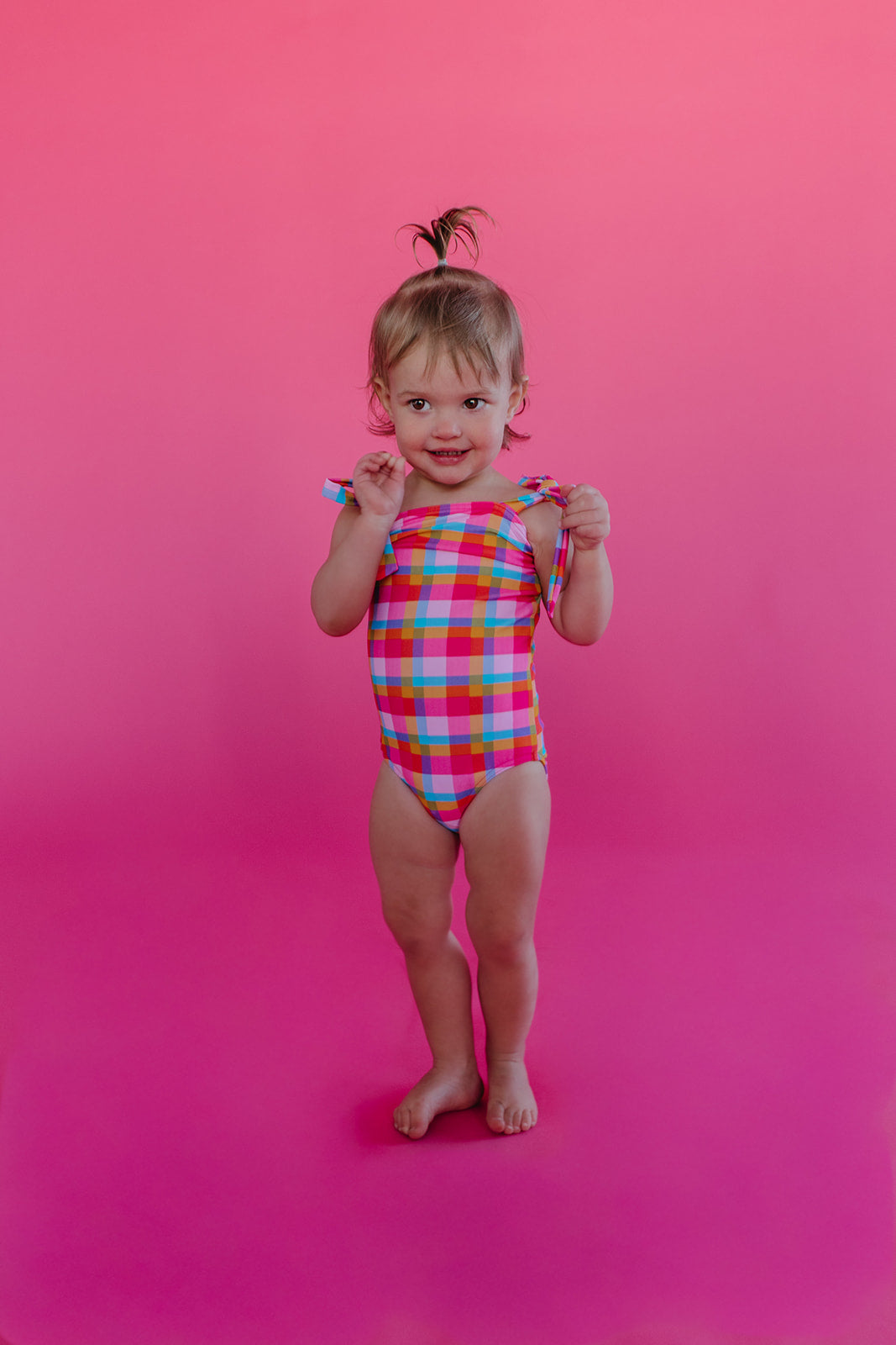 GIRLS TIE STRAP ONE PIECE IN PALM SPRINGS PLAID BY PINK DESERT