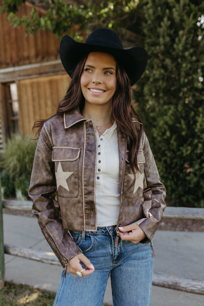 THE NADIA LEATHER BROWN STAR JACKET