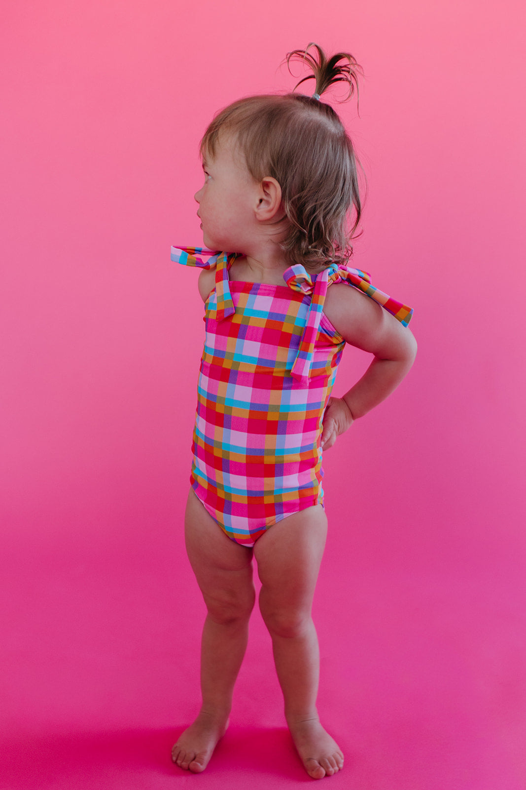 GIRLS TIE STRAP ONE PIECE IN PALM SPRINGS PLAID BY PINK DESERT