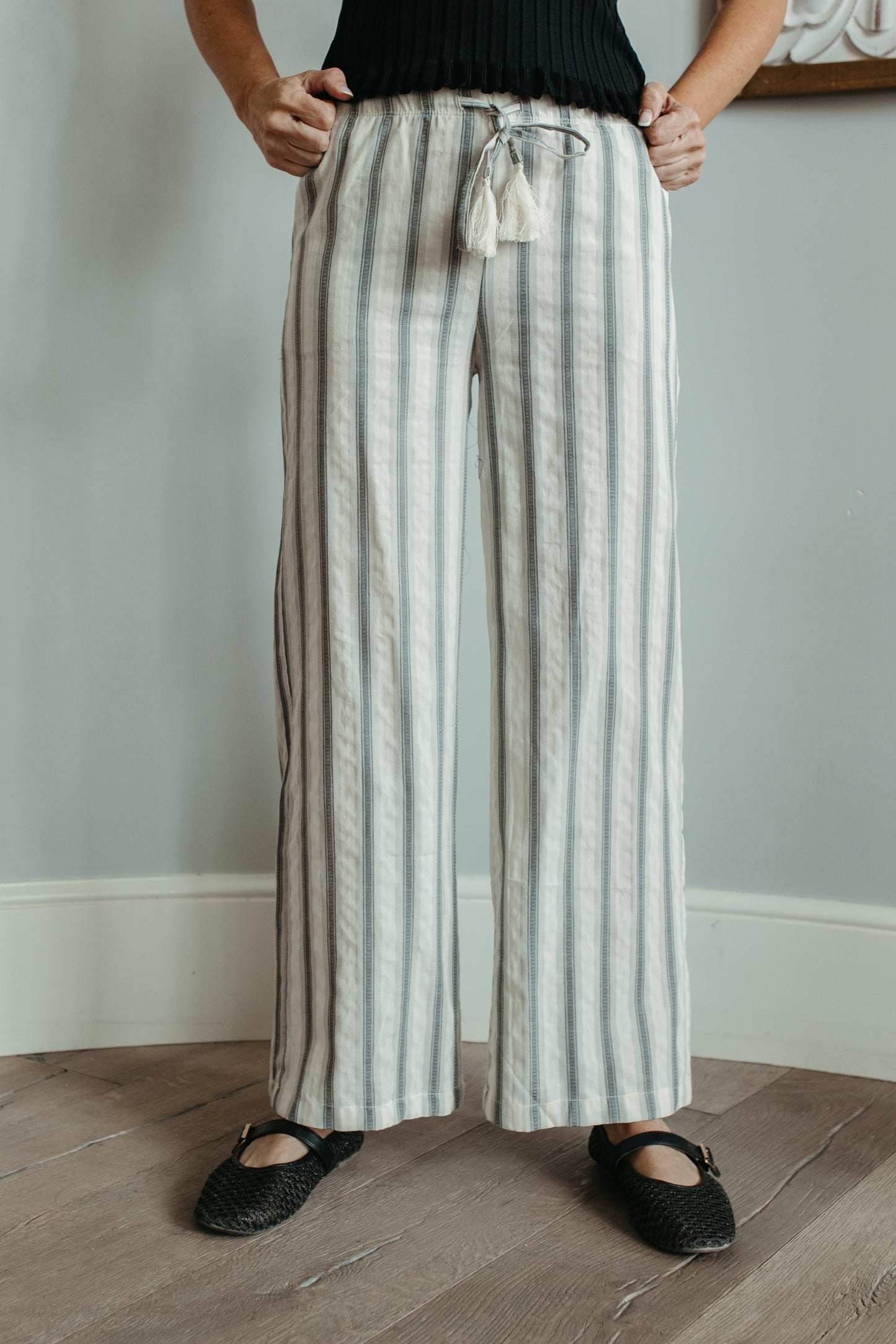 THE OPAL STRIPED LINEN WIDE LEG PANTS IN GREY