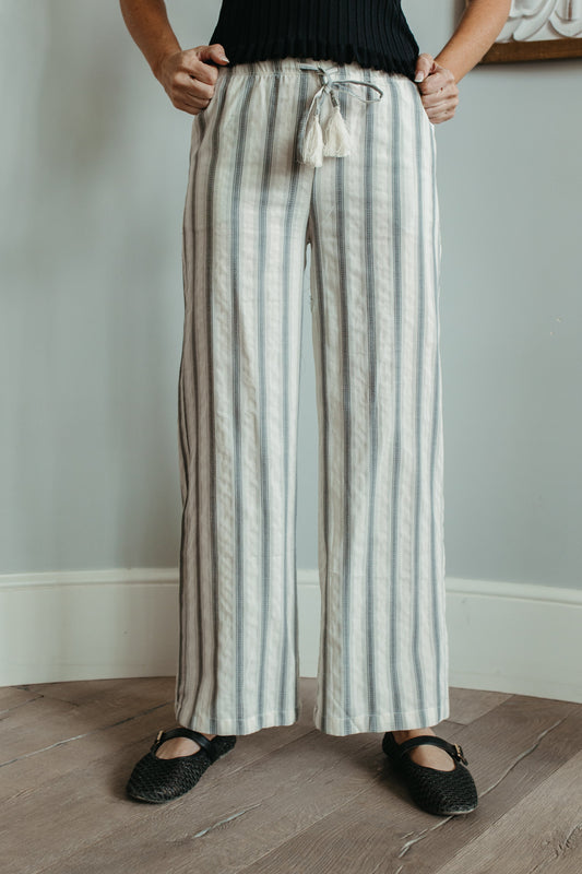 THE OPAL STRIPED LINEN WIDE LEG PANTS IN GREY