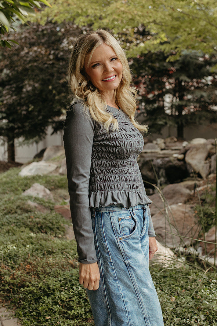 THE JANIYAH RUFFLED RUCHED TOP IN FOREST SAGE