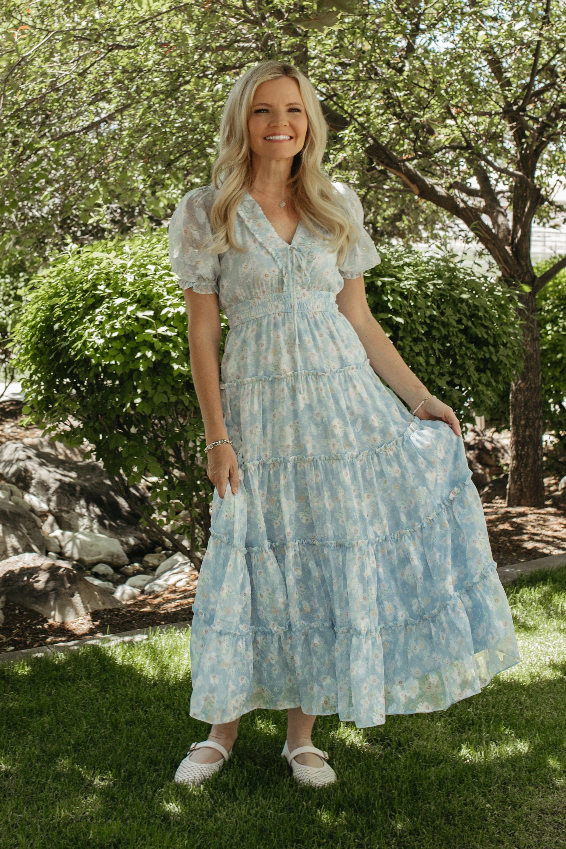Blue Floral Maxi Dress with Puff Sleeves Medium