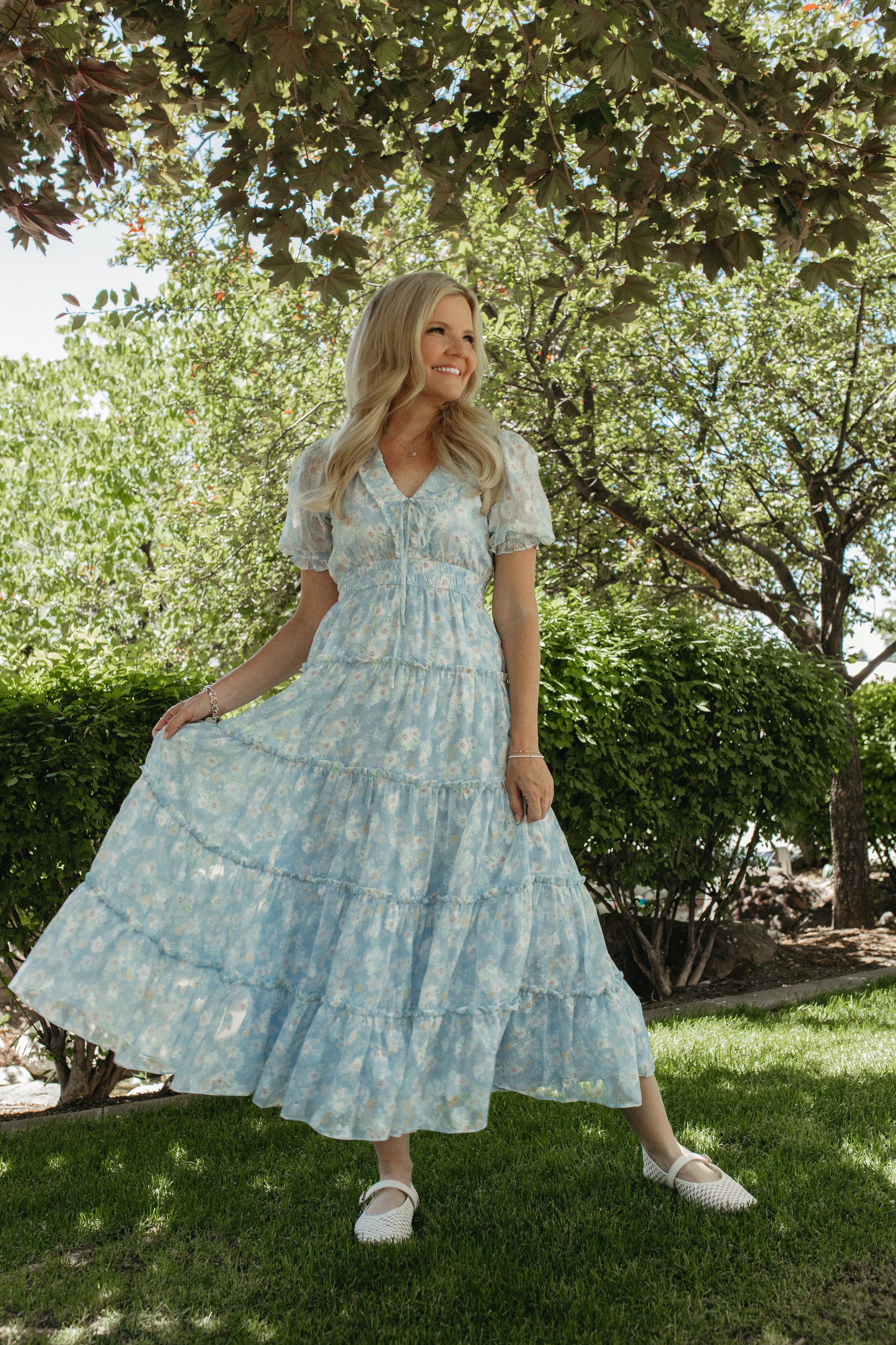 Blue Floral Maxi Dress with Puff Sleeves Medium