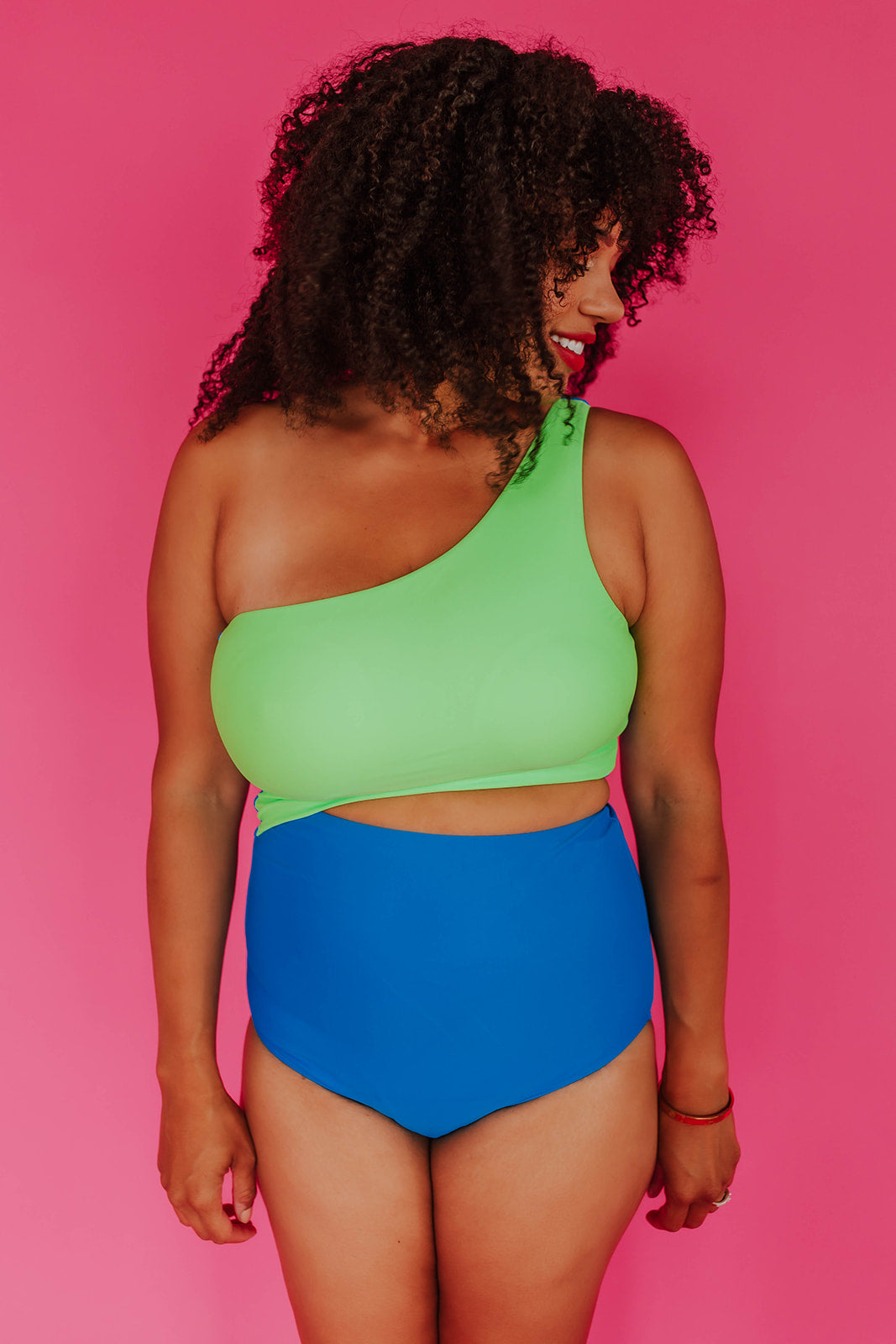 RILEY CUT OUT ONE PIECE IN NEON BLUE AND GREEN COLOR BLOCK BY BETSY MIKESELL X PINK DESERT