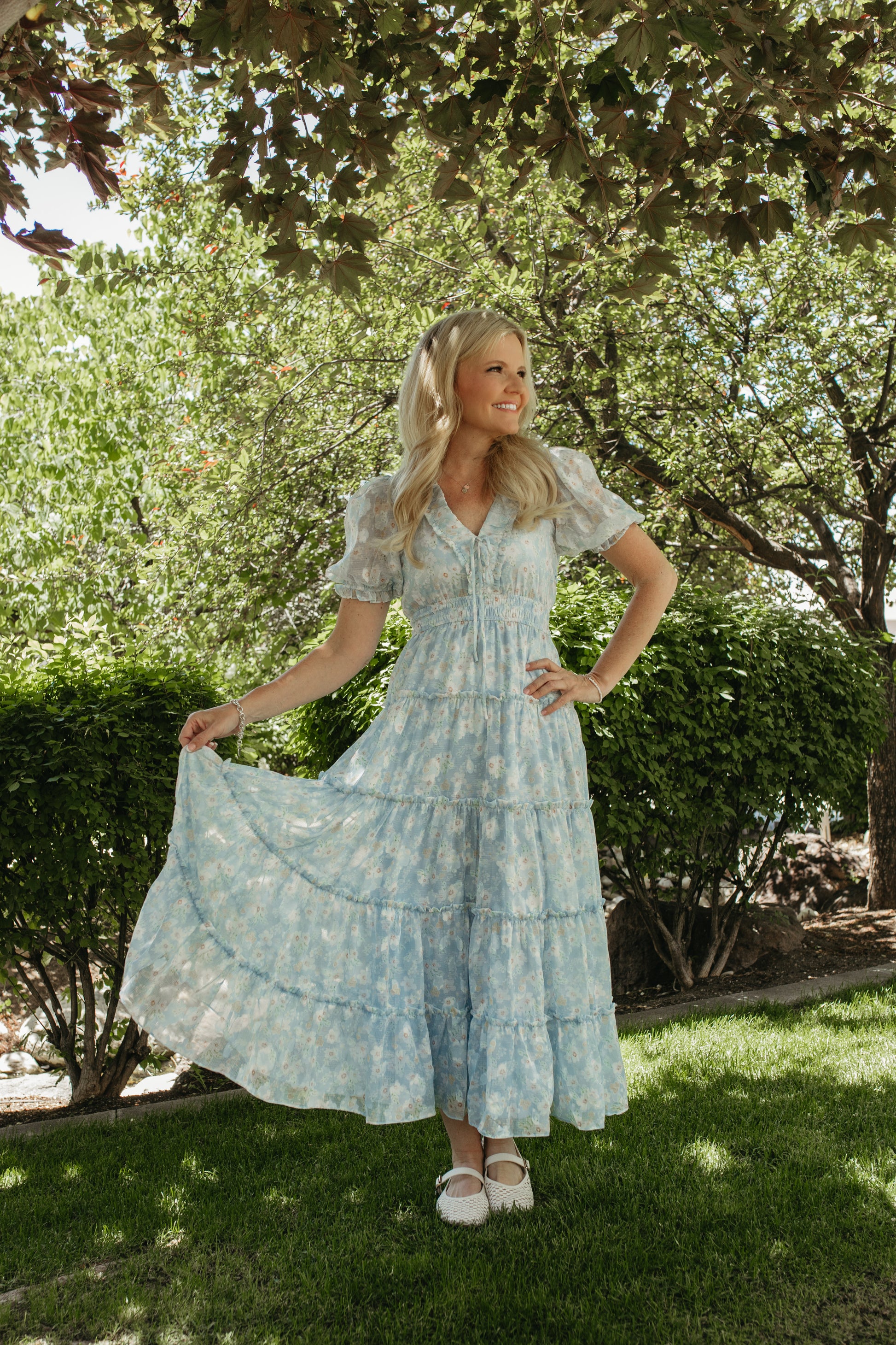 Blue Floral Maxi Dress with Puff Sleeves Medium