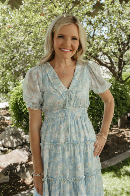 Blue Floral Maxi Dress with Puff Sleeves Medium