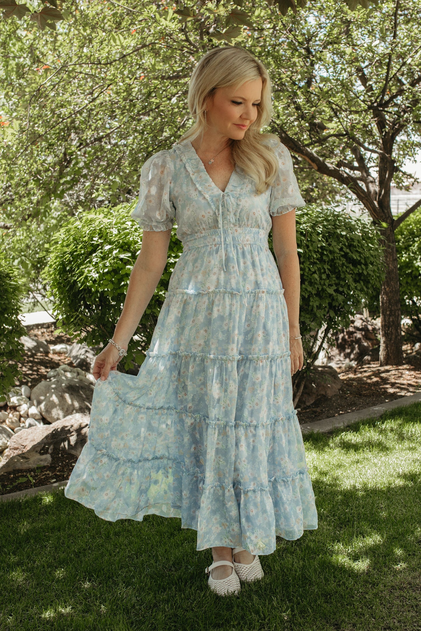 Blue Floral Maxi Dress with Puff Sleeves Medium