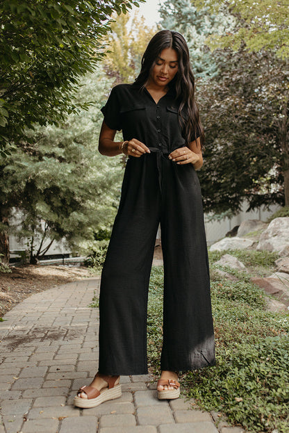 THE JREAM SHORT SLEEVE V-NECK JUMPSUIT IN BLACK