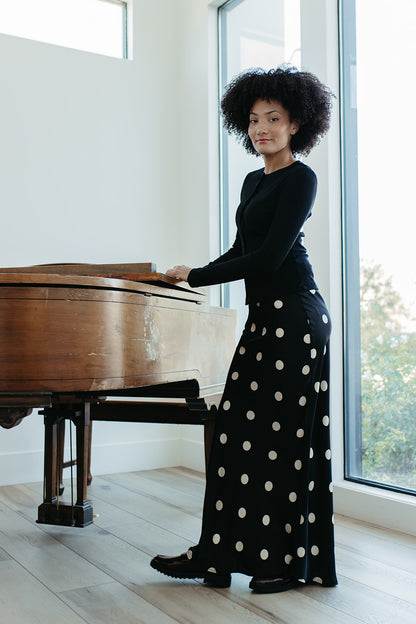 THE OAKLYNN POLKA DOT SATIN SKIRT IN BLACK