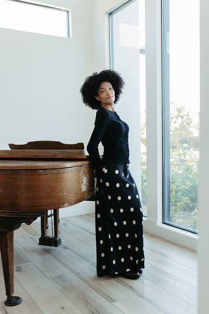 THE OAKLYNN POLKA DOT SATIN SKIRT IN BLACK