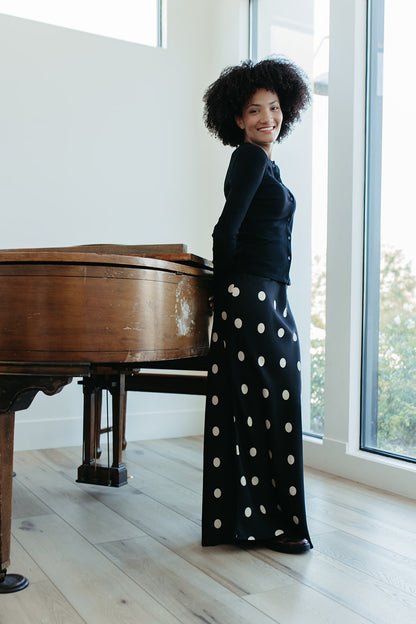 THE OAKLYNN POLKA DOT SATIN SKIRT IN BLACK