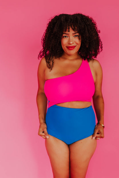 HARPER CUT OUT ONE PIECE IN NEON BLUE AND PINK COLOR BLOCK BY BETSY MIKESELL X PINK DESERT