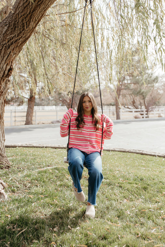 THE CAMPBELL CARDIGAN IN PINK VARSITY STRIPE