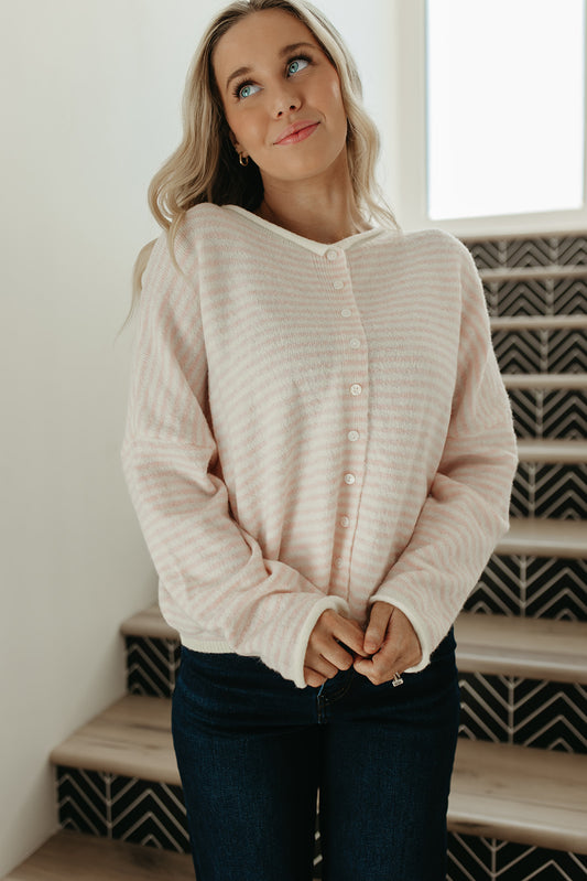 THE MATTI BUTTON DOWN CARDIGAN IN PINK STRIPE
