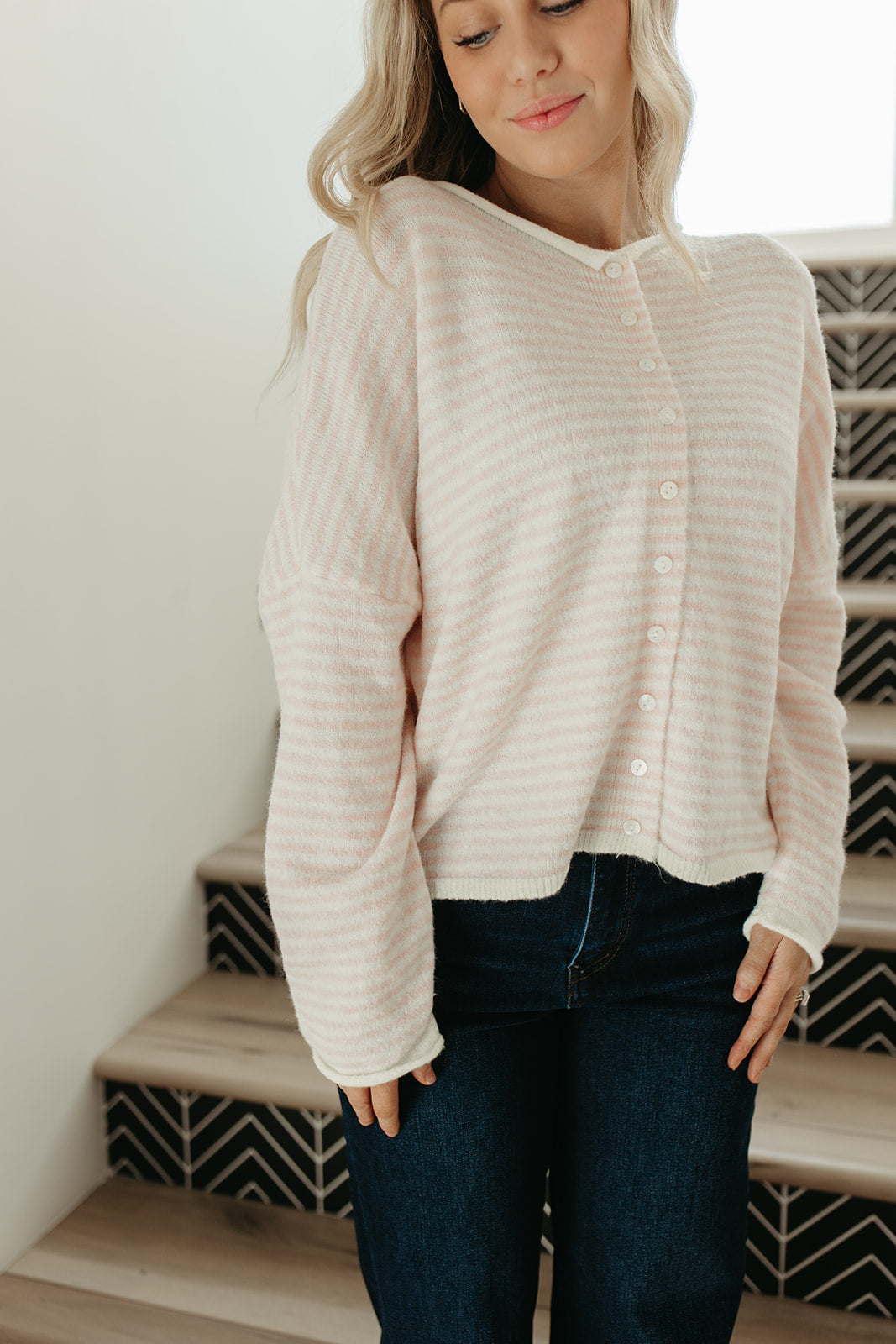 THE MATTI BUTTON DOWN CARDIGAN IN PINK STRIPE