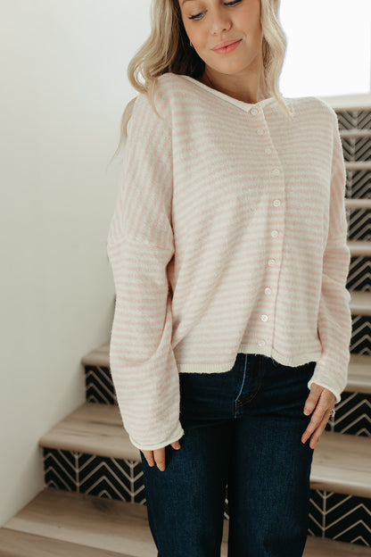 THE MATTI BUTTON DOWN CARDIGAN IN PINK STRIPE