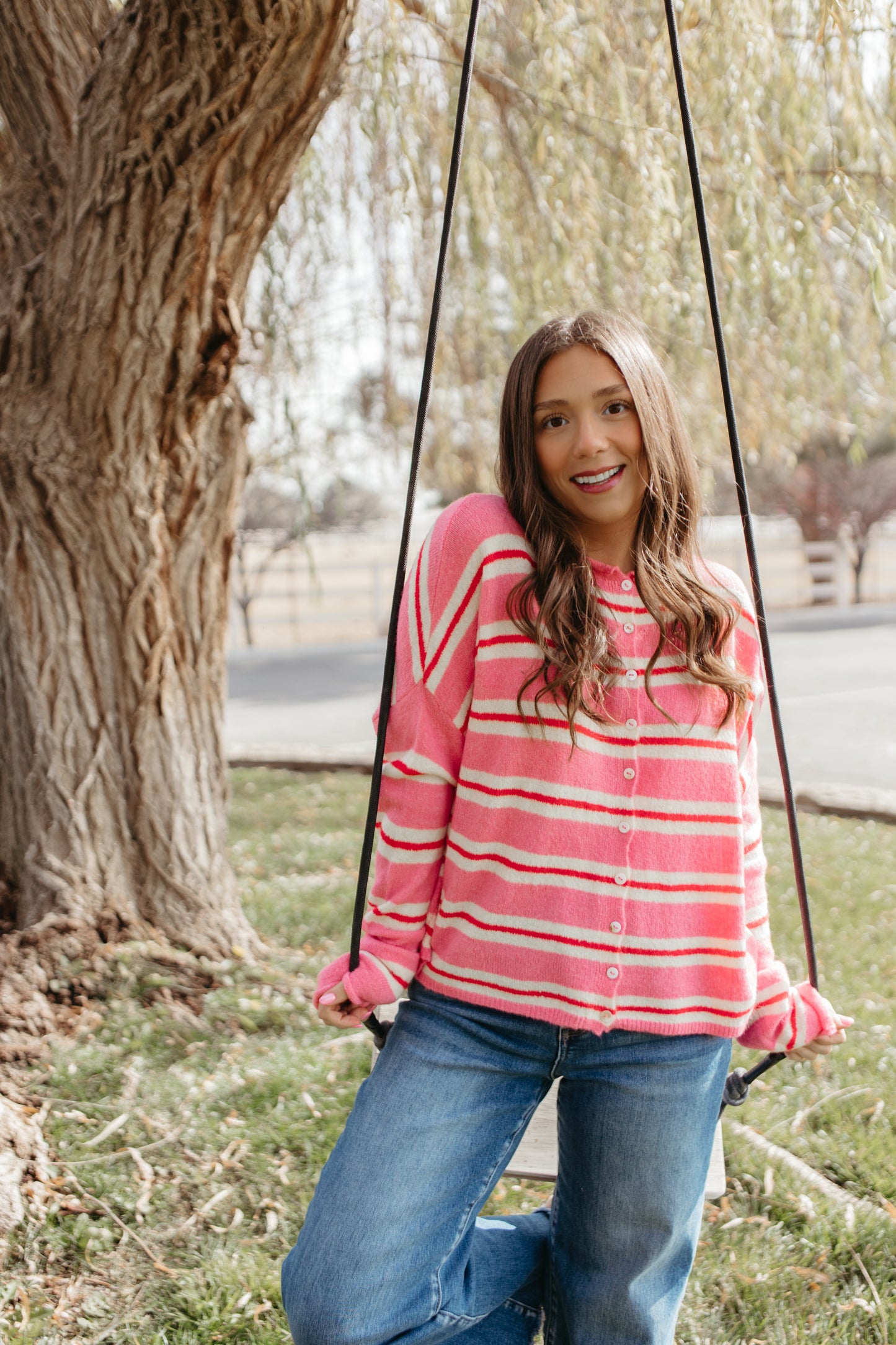 THE CAMPBELL CARDIGAN IN PINK VARSITY STRIPE