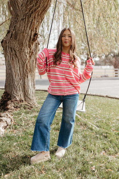 THE CAMPBELL CARDIGAN IN PINK VARSITY STRIPE